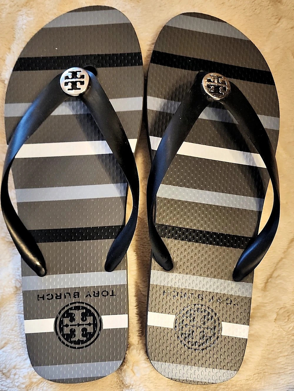 Tory Burch Striped Logo Thong Flip Flop Sandals Black, Gray & White